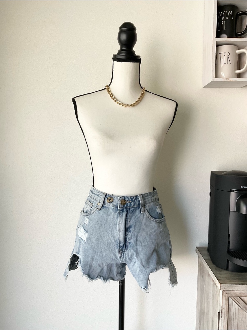 Light Blue Distressed High-Rise Denim Shorts - Women